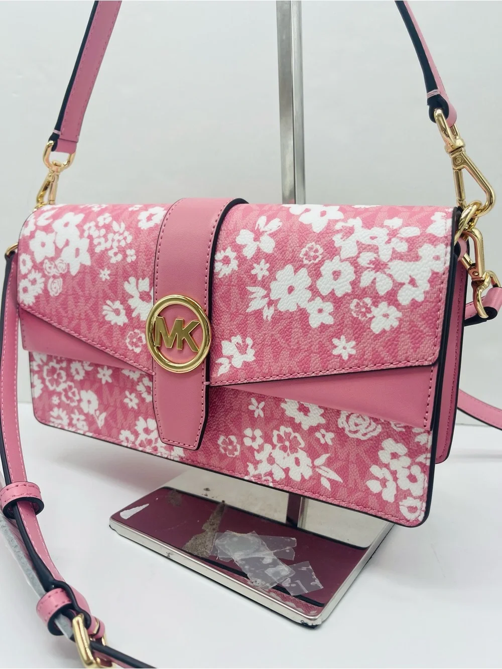 MICHAEL KORS Greenwich Md Printed MK Logo Convertible Shoulder Carnation  NWT
